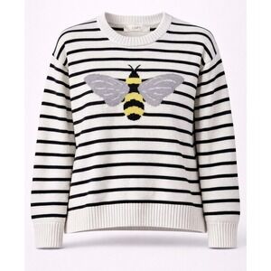 LOFT Bee Stripe Sweater Medium Black White Cotton Crewneck Long Sleeve
